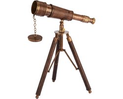 Driepoot Telescoop Van Antiek Messing En Leer - Retro Nautische Decoratie - 34 x 25.5 x 30 Cm - Decoratief Kijkinstrument Op Statief