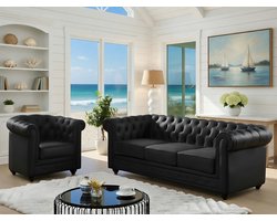 Driezitsbank 205 × 88 × 72 cm – Luxe Chesterfield Bank van Echt Buffelleer – Klassieke 3-Zits Bank met Capitonné Rugleuning, Nosag Veren en Houten Poten – zwart– Depauw