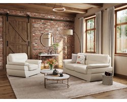 Driezitsbank 210 × 93 × 87 cm – Luxe Leren Bank met Brede Armleuningen en Metalen Poten – Moderne 3-Zits Bank van Echt Rundleer – Ivoor – Lyon Comfort – Depauw