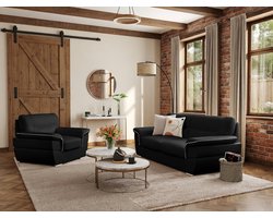 Driezitsbank 210 × 93 × 87 cm – Luxe Leren Bank met Brede Armleuningen en Metalen Poten – Moderne 3-Zits Bank van Echt Rundleer – zwart – Lyon Comfort – Depauw