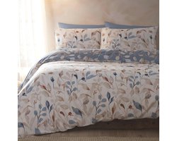 Drift Home - Milieuvriendelijk dekbedovertrek met bloemenblad - Tweepersoons beddengoed (200 x 200 cm) - Omkeerbaar ontwerp - Duurzaam gerecycled katoen (BCI) - 2 kussenslopen - Blauw/natuurlijk