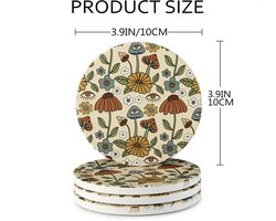 Drink Absorberende Retro Funky Paddestoel Onderzetters, 4 stuks Boho Fun Abstracte Heldere Bloemen Hippie Keramische Onderzetter Set voor Houten Salontafel met Kurk Basis, Salontafel