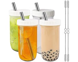 Drinkbeker Bubble Tea beker met deksel en rietje, 730 ml, smoothiebeker, 4 glazen drinkglazen, Mason Jar drinkglas, herbruikbaar, Iced Coffee Cup Tumbler with Straw koffiebeker, wit