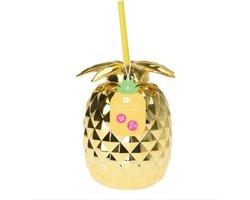 Drinkbeker gouden ananas kunststof met rietje 800ml multicolor.