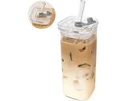 Drinkbeker met deksel Rietje - Motivai® - 400 ML - Hittebestendig Glas - Transparant - Cocktailglazen - Glazen beker met rietje - Drinkglas met leren band - Tumbler voor koffie, cocktail, smoothie - Waterglas - koffiebeker