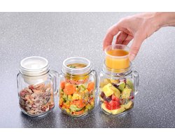 Drinkglas met deksel en rietje incl. 6 bekers, 4-delige set drinkglazen met schroefsluiting, handvat, 4 stuks glazen met handvat, gekleurd - 450 ml