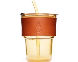 Drinkglas met deksel, rietje en leren band - Motivai® - 400 ML - Bruin - Cocktailglazen - Glazen beker met rietje - Drinkglas met leren band - Tumbler voor koffie, cocktail, smoothie - Waterglas