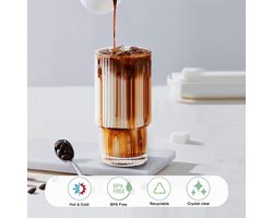 Drinkglazen met bamboe deksels en glazen rietje 4 stuks set - 315 ml vintage ijskoffie kopjes glaswerk, glazen beker voor Coocktail, whisky, bier, water, cadeau - 1 reinigingsborstels