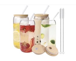 Drinkglazen met bamboe deksels en glazen rietje, 500 ml ijskoffiekop, 4 stucks ,glazen bekers met deksels en rietjes en borstel, drinkglazen voor bier, cocktail, thee, cola, sap, frisdrank