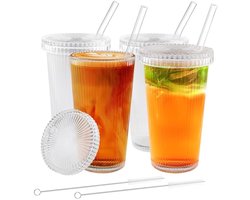 Drinkglazen met deksel en rietje, 4 stuks, 375 ml, cocktailglazen, matcha-glas, bubble glazen voor water, cocktails, ijskoffie, ijsthee en soda