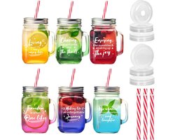 Drinkglazen met deksel en rietje Set van 6 Mason Jars, 450 ml gekleurde glazen kom met handvat, Mason Jars met luchtdicht deksel en rietje, herbruikbaar, voor cocktail, milkshake, mojito