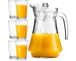Drinkglazen met Karaf Glas met Deksel 200 ml / 1,4 l 7 delig - Waterglazen - Glazen - Limonadeglazen - Kan - Waterkaraf voor Fruitwater - Waterkan - Drinkkan