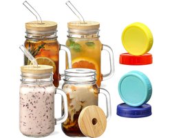 Drinkglazen met rietje en deksel, Mason Jar drinkglazen set van 4, cocktailglazen, smoothie glazen set, cocktailglazen, glazen bekers, weckpotten met handvat voor water, koffie,