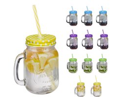 drinkglazen met rietje en deksel - set van 12 - 500 ml - mason jars - retro