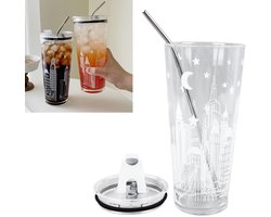 Drinkglazen mok met deksel en roestvrijstalen rietje, 1 liter drinkglazenset IJskoffiemok Leuke beker Hittebestendig voor whisky Water Cadeau Beste keuze