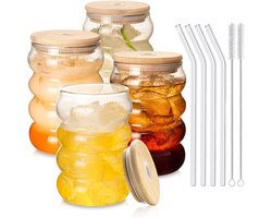 Drinkglazen Set Geribbelde Glazen voor Ijskoffie, Cocktails & Dagelijks Gebruik – Koken & Tafelen – Met Bamboe Deksels & Rietjes (4er Set) – Hittebestendig, Stofdicht & Makkelijk Schoon te Maken - Borosilicaatglas - Transparant - 9.9x7.2 cm