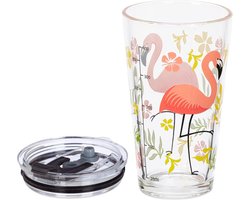 Drinkglazen, set van 4, flamingo-motief, deksel en rietje, 450 ml, glazen bekers voor kinderen, smoothieglas, transparant