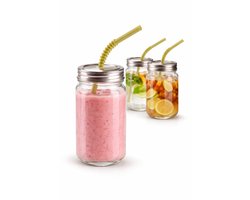 Drinkglazen Set van 4 met Deksel en Rietje 450ml – Mason Jar Glazen met Schroefdeksel – Herbruikbare Smoothie Bekers – Lekvrij Drinkglas voor Sap, Cocktail & Iced Coffee – Picknick, Camping & Tuin – Ø8x13 cm