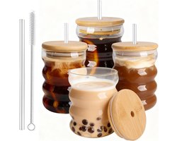 Drinkglazen Set van 4 - Vintage Glazen 11oz/320ml voor Cocktails en IJskoffie - Glazen Bekers met Deksel en Houten Deksel - Geschikt voor Bier, Water, Whisky en Sap