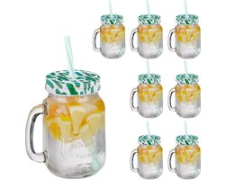 drinkglazen - set van 8 - 500 ml - met rietje en deksel - cactus print - met handvat