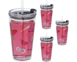 drinkglazen voor kinderen - set van 4 - 450 ml - heelal design - rietje en deksel - maatstrepen