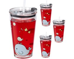 drinkglazen voor kinderen - set van 4 - 450 ml - kinderglazen - rietje en deksel
