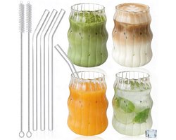 Drinkglazenset 4-delig 500 ml Esthetisch Design & Luxe Uitstraling – Glazen met glazen rietjes Herbruikbaar & Duurzaam in gebruik – Drinkglazen Perfect voor IJskoffie, Cocktails & Matcha | Incl. Rietjes en Reinigingsborstel