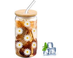 Drinking Cup met Deksel en Rietje - 400 ml - Bloemenpatroon - Esthetische Glazen Tumbler voor Koffie - Cocktails en Meer - Veelzijdig en Stijlvol Drinkglas