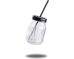 Drinkpotten – 500 ml – (3 Stuks) – Transparant Glas – Zwarte Deksel met Rietjes – Stijlvolle Herbruikbare Drinkglazen