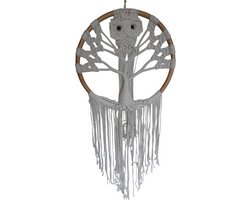 dromenvanger, dreamcatcher levensboom uil, wandecoratie, raamdecoratie lengte 125 cm breed 54 cm kleuren beige bruin zwart wit.