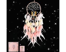 Dromenvanger Levensboom - Wanddecoratie Veer - Nachtmerries Wegjagen - Met LED Licht - 30 cm Diameter - Roze en Wit