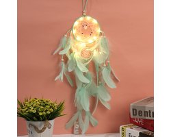 Dromenvanger met Sprookjeslichtjes - Handgemaakte Geluksdecoratie met Veren voor aan de Muur Kinderkamer Huisdecoratie - Windgong - Groen