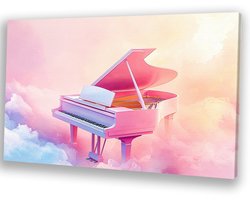 Dromerige roze piano in wolken - Piano canvaskunst - Kunstwerk muziekinstrument - Surrealistisch - Muurdecoratie modern - Canvas schilderijen woonkamer - canvas 100x75 cm