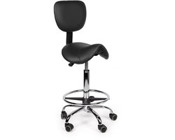 Dromerio Zadelkruk met Rugleuning Zwart – Kapperskruk met Wielen – Verstelbare Werkkruk – Schoonheidssalon & Thuisgebruik – Ergonomische Kapperskruk – In Hoogte Verstelbaar- Hoog (70-86cm) / met Voetsteun / Standaard wielen