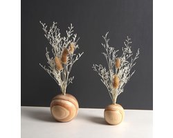 Droogbloemen, decoratieve tafel, set van 2, gedroogde bloemen en gras in houten bal, prachtige bloemendecoratie met houten blok, pampasgras, wanddecoratie & tafeldecoratie voor woonkamer