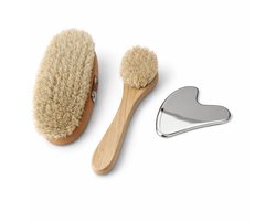 Droogborstel Set Lichaam & Gezicht + RVS Gua Sha – Natuurlijke Borstels (Paardenhaar) – Lymfedrainage, Cellulite & Huidverbetering – 3 Delig