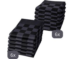 Droomtextiel Horecakwaliteit Geblokte Theedoeken & Keukendoeken set Antraciet Zwart - 6x Theedoeken + 6x Keukendoeken