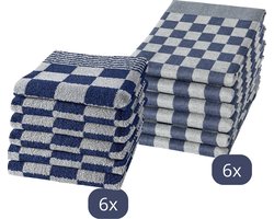 Droomtextiel Horecakwaliteit Geblokte Theedoeken & Keukendoeken set Blauw Wit - 6x Theedoeken + 6x Keukendoeken