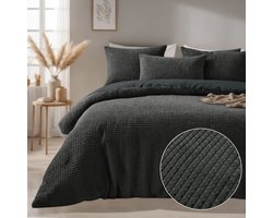 Droomtextiel Zachte Teddy Dekbedovertrek Block - antraciet- 240x200/220 cm - Super Zacht
