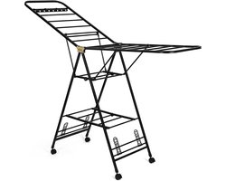 DRYVORA – Inklapbaar Droogrek & Wasrek Zwart – 25m Droogruimte – 168 x 47 x 100 cm – Stevig Modern Rek met 3 Lagen, Wielen met Remmen, Schoenendrogers & Kleerhangerrails – Voor Binnen & Buiten