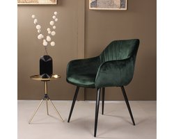 DS4U® Gaby Armstoel Velvet Groen - Stijlvolle en Trendy Eetkamerstoel - Zachte Velvet Stof - Diepgroene Kleur - Comfortabele Zitting - Sierstiksels - Stevige Zwarte Metalen Poten - Combineerbaar met Andere Kleuren