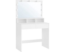 DTM Premium - Moderne kaptafel met 9 LED lampen, 2 laden en 3 open vakken - Instelbare vintage lichten - Wit - 140x80x40 cm