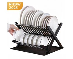 Dubbel Afdruiprek Keuken – Opvouwbaar & 2-Lagen – Inclusief Lekbak – Voor Borden, Bekers & Kommen – Antislip & Vochtbestendig – Zwart – 39,5×36,5 cm