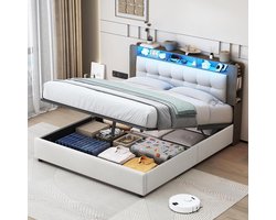 Dubbel Bed - Boxspring Gestoffeerd Bed - Slaapkamer Opbergen - Met Verlichting Oplader - 140 x 200 cm - Beige