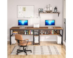 Dubbel Bureau voor Thuis en Kantoor – 200x60x75 cm – Rustiek Industrieel Computertafel voor Twee Personen met Planken en Extra Opbergruimte – Vintage Bruin-Zwart – Abkantoor