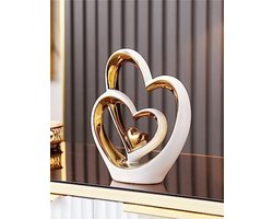 Dubbel Hart Ornament - Keramisch Hart Beeld - Woondecoratie Sculptuur Witgoud 22x7,5x25,5 cm