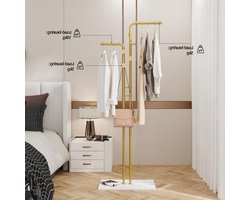 Dubbel Kledingrek - Staande Kapstok - Kleding Opbergen - Marmeren Voet - 5 Haken - Goud Wit