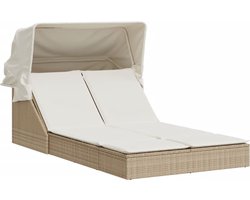 Dubbel Ligbed met Luifel en Kussens - Beige Ligbed - Lounge Bed - Buitendecoratie - Tuinset - Relaxstoel