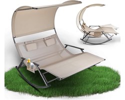 Dubbel Loungebed – Dubbele Ligstoel – Tweepersoons Lounger – Zonneligstoel – Dubbele Schommelstoel – Zonnedak – Stevig Stalen Frame – Ademend Textiel – Beige