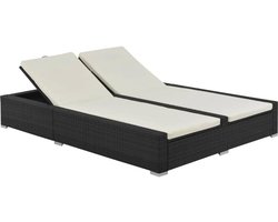 Dubbel zonnebed met kussen, dubbel ligbed, tuinbed, relaxstoel, tuinmeubelen, ligstoel, rotan meubel, strandstoel, polyrotan, zwart